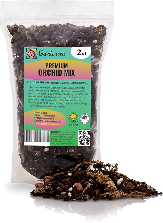 Premium Orchid Soil Mix by Gardenera - Hand Mixed New Zealand Pinus Radiata 100% Natural Potting Soil Bark Mix - for Phalaenopsis Orchid - 2 Quart - Made in USA