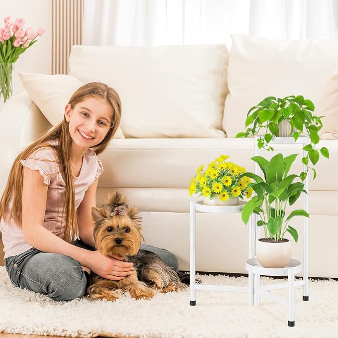 iDavosic.ly Plant Stand Indoor Outdoor, 3 Tier Corner Metal Flower Display Holder Shelf, Folding Tall Orchid Rack for Patio Balcony Porch Garden Living Room House, White