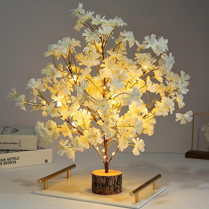 Lighted Cherry Blossom Tree Artificial, 19 Inch Faux Bonsai Tree Japanese Decor, Battery Operated Floral Desktop Tree for Indoor Home Spring Summer Easter,White