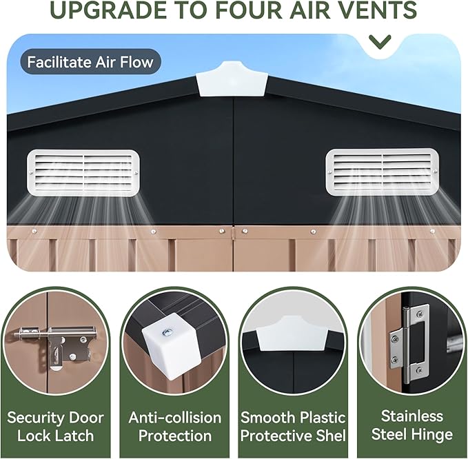 Aoxun 10 x 12FT Outdoor Storage Shed with Base Utility Garden Shed with Lockable Door & Sloped Roof Metal Sheds Outdoor Storage for Garden, Backyard, Patio and Backyard,（Brown/Base Included）