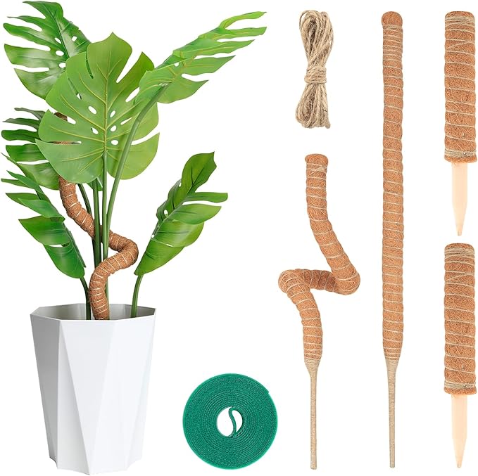 Moss Pole Set for All Growth Stages – 2 Pack 28” Bendable Moss Poles & 2 Pack 12” Stackable Coir Poles, Moss Pole Monstera Plant Support for Pothos, Philodendron, Indoor Climbing Plants