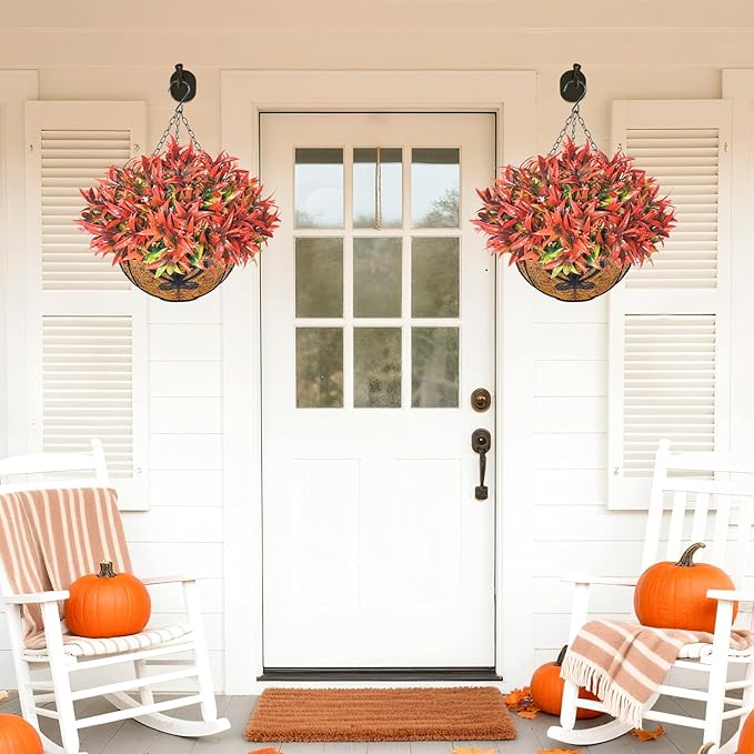 Uieke Artificial Hanging Flowers for Outdoors with Hanging Basket, 22.8" 10pcs UV Resistant Fall Faux Flowers, Fake Hanging Plants for Autumn Garden Porch Patio Balcony Decoration