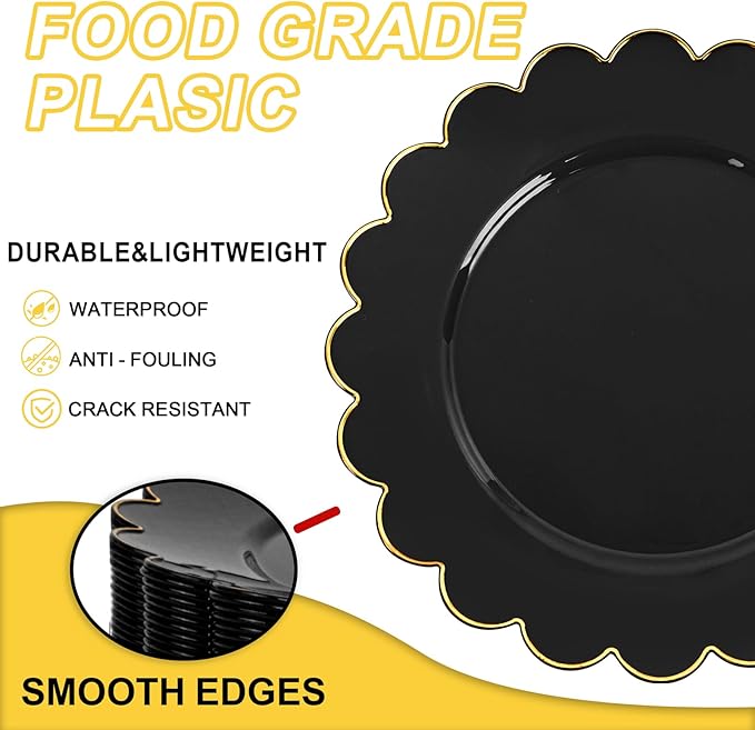SUT 72 PCS Black Plates,Black Plastic Plates with Gold Rim, Plates Disposable Heavy Duty, 10.25 inch Plastic Dinner Plates, Black Disposable Plates for Party,New Year,Halloween