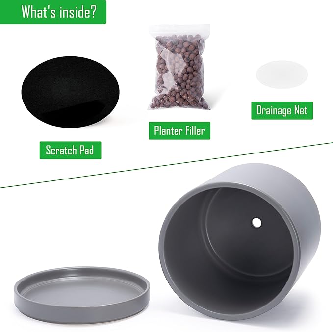 D'vine Dev 12 Inch Ceramic Planter Pot with Drainage Hole and Saucer, Indoor Cylinder Round Planter Pot, Speckled Grey, 94-O-F-3