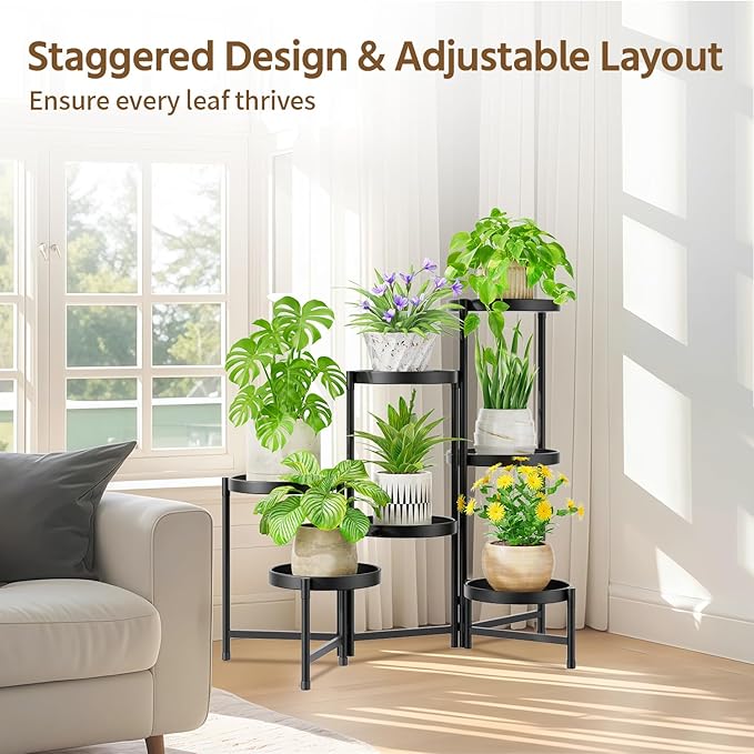 LASZOLA 7 Tiered Folding Plant Stand Indoor for Multiple Large Planter, Tall Heavy Duty Adjustable Rack with Rust Proof 10 Inch Wide Tray, Sturdy Vertical Tree Organizer for Narrow Inside Floor, Black