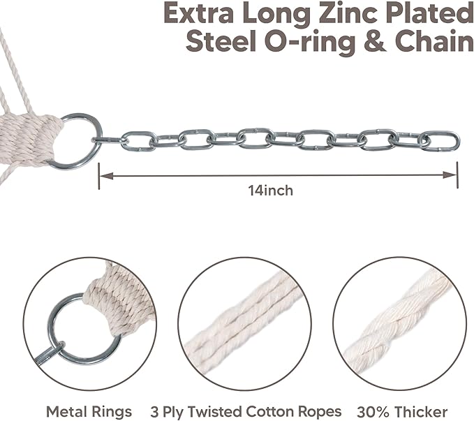 SUNCREAT Double Quilted Hammock with Hardwood Spreader Bar, Extra Large Soft Pillow, Heavy Duty 2 Person Hammock for Indoor, Outdoor, Brown