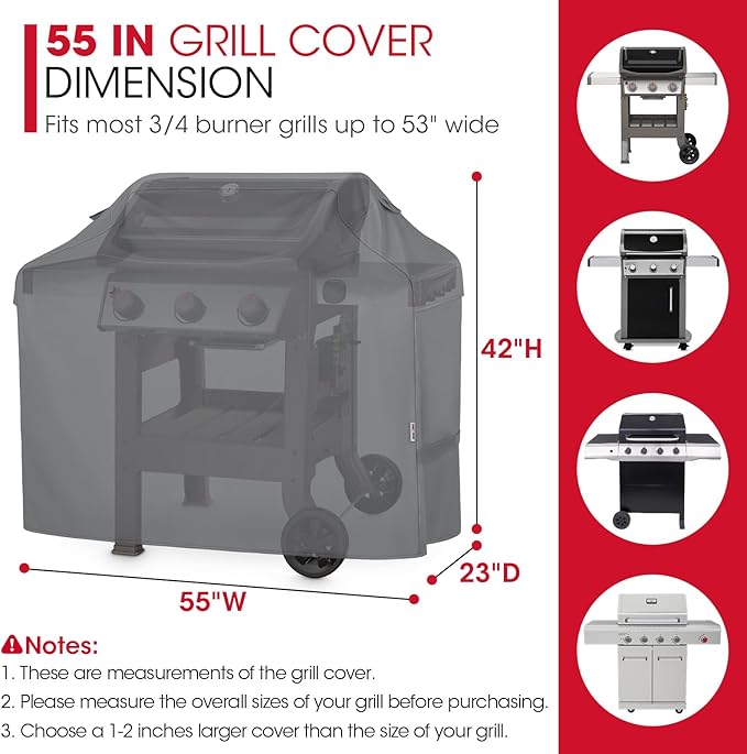 Unicook 55 Inch Grill Cover for Outdoor Grill, Heavy Duty Waterproof Gas BBQ Cover, Outside 3-4 Burner Barbecue Covering for Weber, Char-Broil, Nexgrill, All Weather Resistant, Grey