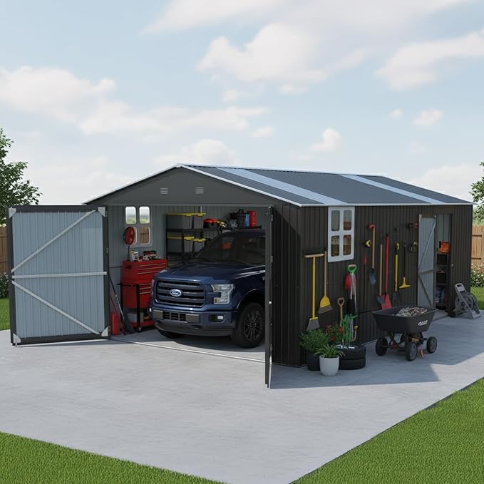 Outdoor Storage Shed 13x20 FT, Sheds & Outdoor Storage Clearance - Metal Garage Shed for Car, Truck, Bike - Backyard Tool House Building with 2 Windows and 2 Translucent Panels