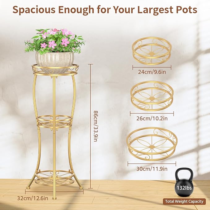 LASZOLA Gold 3 Tier Tall Plant Stand for Indoor Outdoor, Large Multiple Level Flower Planter Holder Organizer Rack for Patio Office Bathroom Corner Floor, Sturdy Heavy Duty Metal, Vertical Display