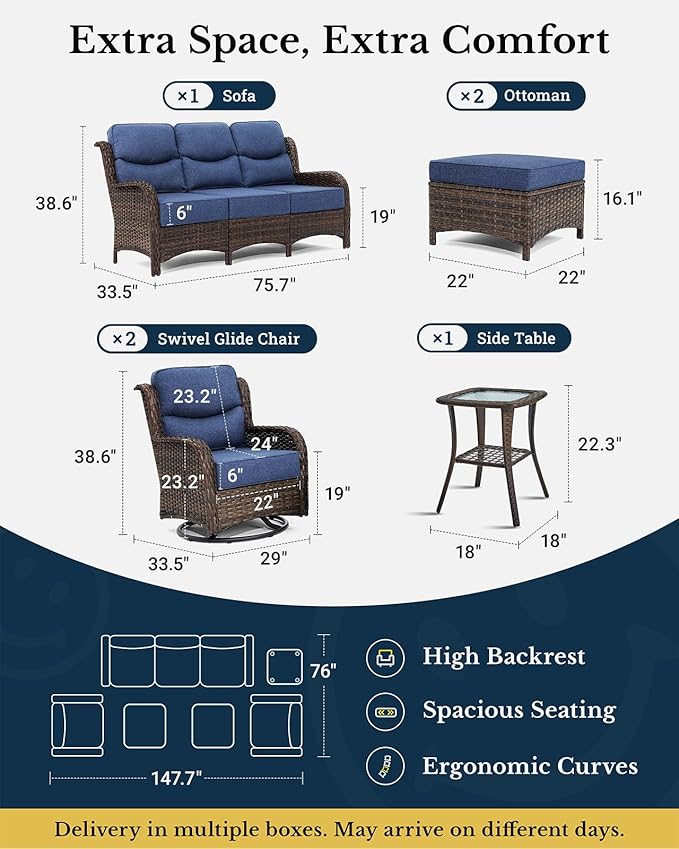HILLGA Luxury Patio Furniture Set with 6-inch Thick Cushion, Outdoor Couch and High Back Swivel Rocker Patio Chairs, 6PCS Wicker Conversation Set for Deck Yard and Poolside, Blue (V2)
