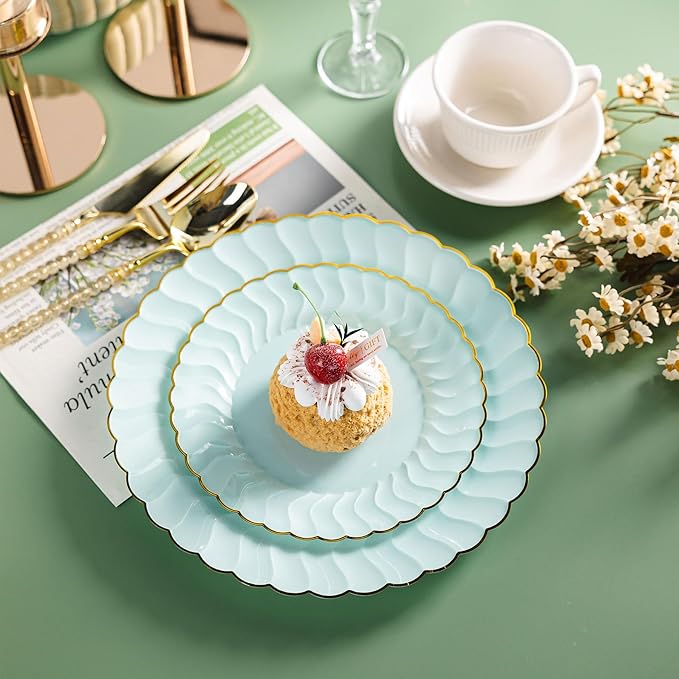 Lullaby 60PCS Sage Green Plastic Plates with Gold Rim, Includes 30PCS Dinner Plate 10.25'' and 30 PCS Dessert Plate 7.5'', Green Disposable Plates for Party, Birthdays, Wedding and Daily Use