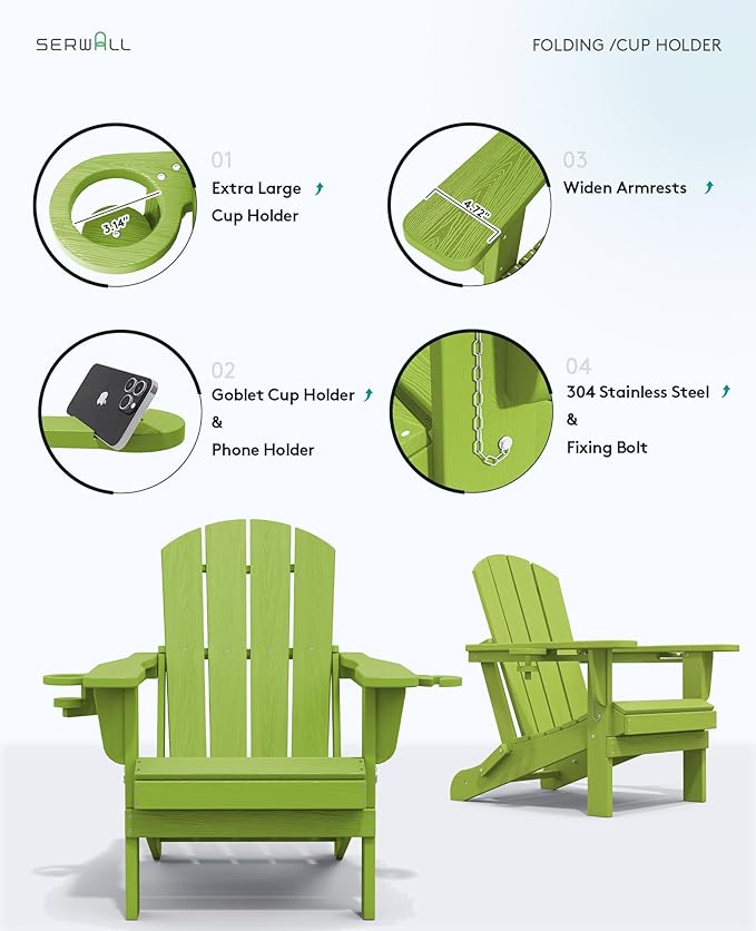 SERWALL Adirondack Chair with Cup Holders - Composite Adirondack Chairs Set of 2 HDPE Outdoor Chairs All Weather Use- Apple