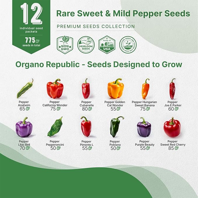 Organo Republic 12 Rare Sweet & Mild Pepper Seeds Variety Pack - 770+ Non-GMO Heirloom Pepper Seeds for Outdoor and Indoor Home Gardening, Including Pepper Anaheim, Pepperonchini, Pimento, Lilac Bell