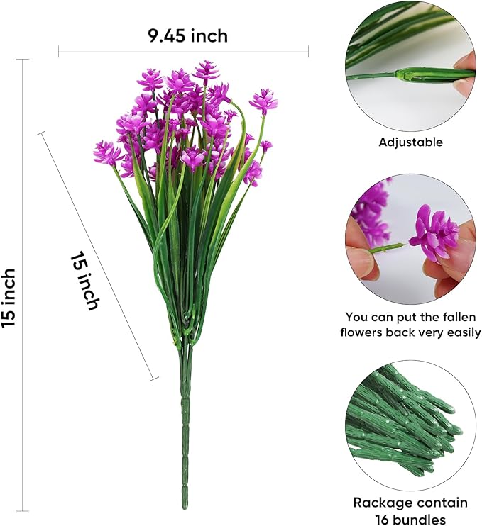 Artificial Fake Flowers, 16 Bundles Outdoor UV Resistant Greenery Shrubs Plants Indoor Outside Hanging Planter Home Garden Decorating (Magenta-Daffodil)
