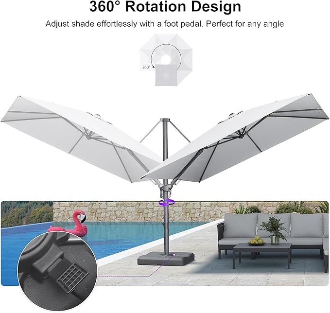 PURPLE LEAF 10' X 10' Swivel Outdoor Patio Aluminum Umbrella with Base Left-right Tilting Cantilever Offset Umbrella with UV Resistant Heavy Duty Fabric for Deck Pool Patio Backyard, Pebble Grey