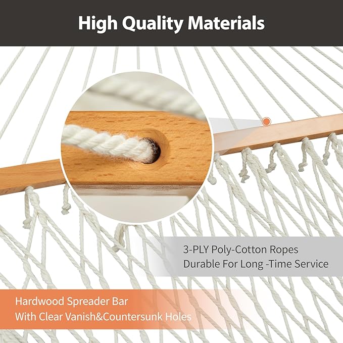 Outdoor Double Hammock with Hardwood Spreader Bars, Large Rope Hammock with Polyester Pad and Pillow, 475 LBS Capacity for 2 Person Patio Backyard Poolside - Terracotta