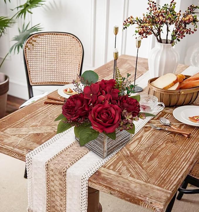 Flower Arrangement with Wooden Vase 8" Artificial Flowers in Pot - Fake Flowers Roses Peonies Hydrangeas in Wooden Vase Potted Artificial Flower Centerpieces for Table Decor Living Room - Red