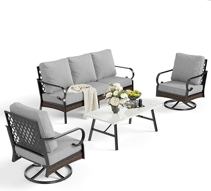 4 PCS Metal Outdoor Patio Furniture Set, Patio Conversation Sets 1 3-Seater Sofa, 2 Swivel Chairs with 5.75" Extra Thick Cushion & Coffee Table, Black Backyard Furniture, Light Gray