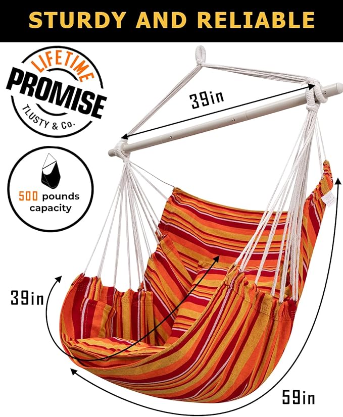 ADVOKAIR Hammock Chair Hanging Chair Swing Large Indoor with Anti-Slip Steel Spread Bar and Pocket-Max 500lbs-2 Cushions, Perfect for Bedroom,Outdoor,Patio, Porch,Backyard…