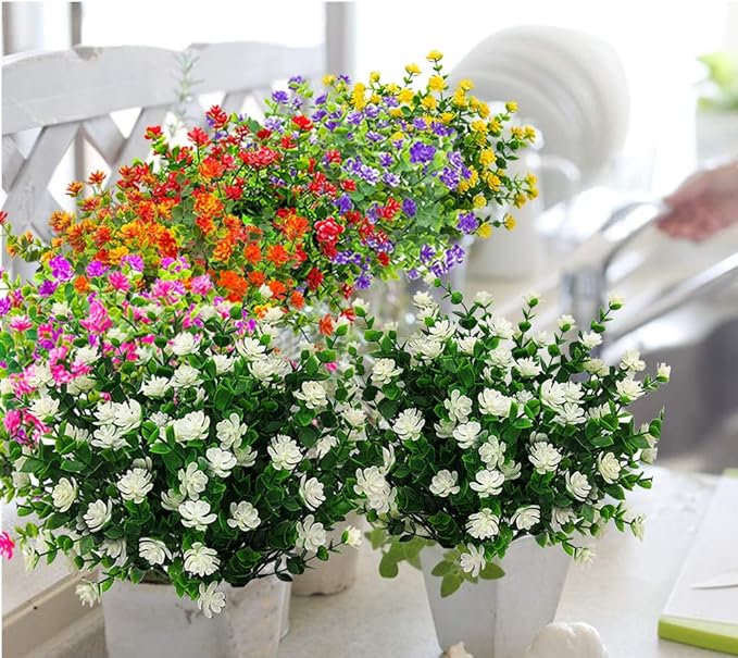 10 Bundles Artificial Fake Flowers, Faux Outdoor Plastic Plants UV Resistant Shrubs Outside Indoor Decorations (White-Eucalyptus)