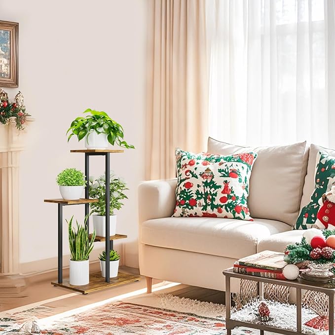 iDavosic.ly 4 Tier Plant Stand Indoor, Tiered Corner Plant Shelf for Multiple Plants, Metal Wood Tall Plant Display Rack Flower Holder for Patio Porch Garden Balcony Bedroom, Black