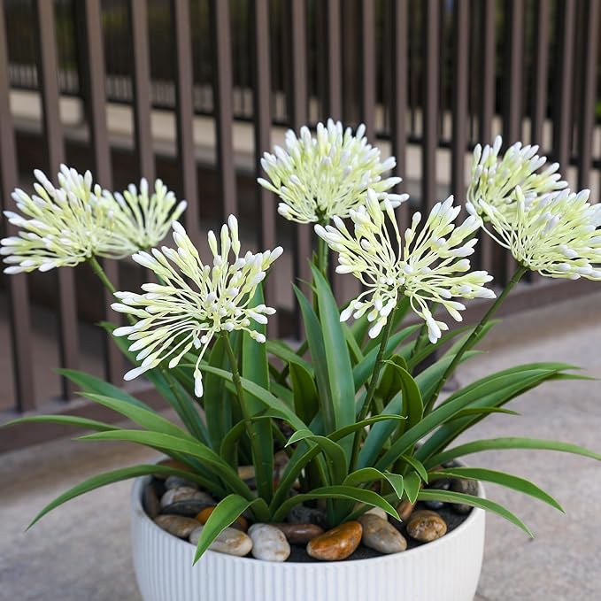 Outdoor Flowers Artificial for Porch 18.9 in Fake Agapanthus Plants 8 Bundles Plastic White Flower Large Faux Greenery for Outside Planter Yard Patio Decor