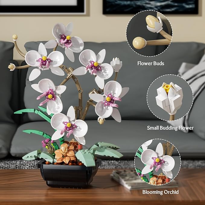 Orchid Flowers Bouquet Building Set, Botanical Collection Artificial Plant for Home Décor, Ideal Gifts for Christmas, Mother's Day, Anniversary, Birthday