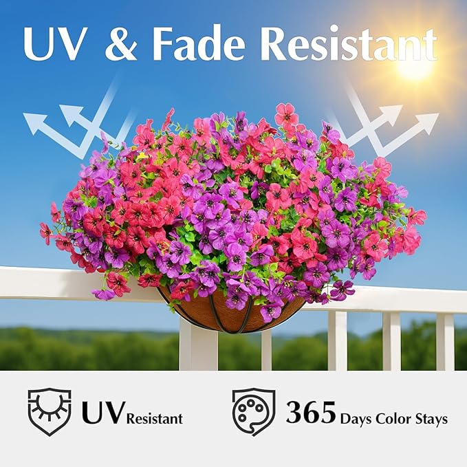 Artificial Flowers for Outdoors, 12 Bundles Outdoor Faux Plants,Uv Resistant Artificial Fake Flowers Plants, Realistic Spring Decor for Porch, Patio, Yard (LightRedPurple)