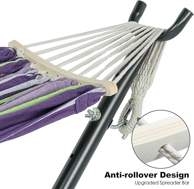 Double Hammock with Stand for Outside, Upgraded Spreader Bar, Heavy Duty Space Saving Steel Stand 2 Person, Side Pockets, Easy Assembly, 600lbs Weight Capacity (Tranquility Purple)