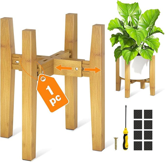 LASZOLA Bamboo Adjustable Plant Stand for Single Large Indoor Planters, Heavy Duty Floor Fern Holder Fits 8 to 12 Inch Pots, Mid Century Elevated Big Stool for Flower– Pot Not Included, Walnut, 1 Pack