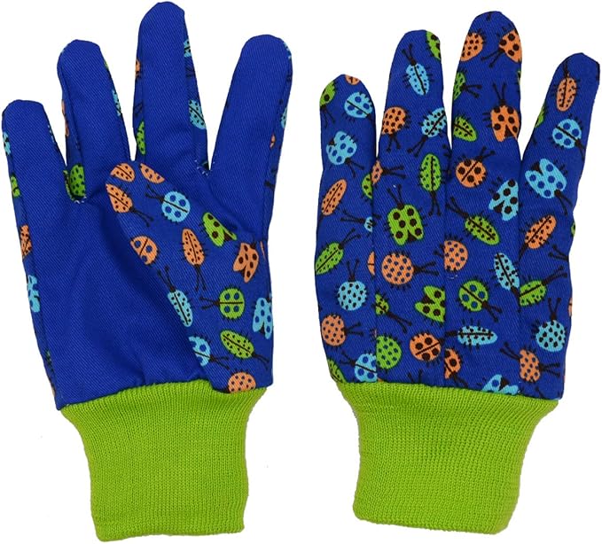 HANDLANDY 2 Pairs Kids Gardening Gloves, Girls Boys Children Garden Work Play Gloves (Green Ladybug & Dot, Medium)