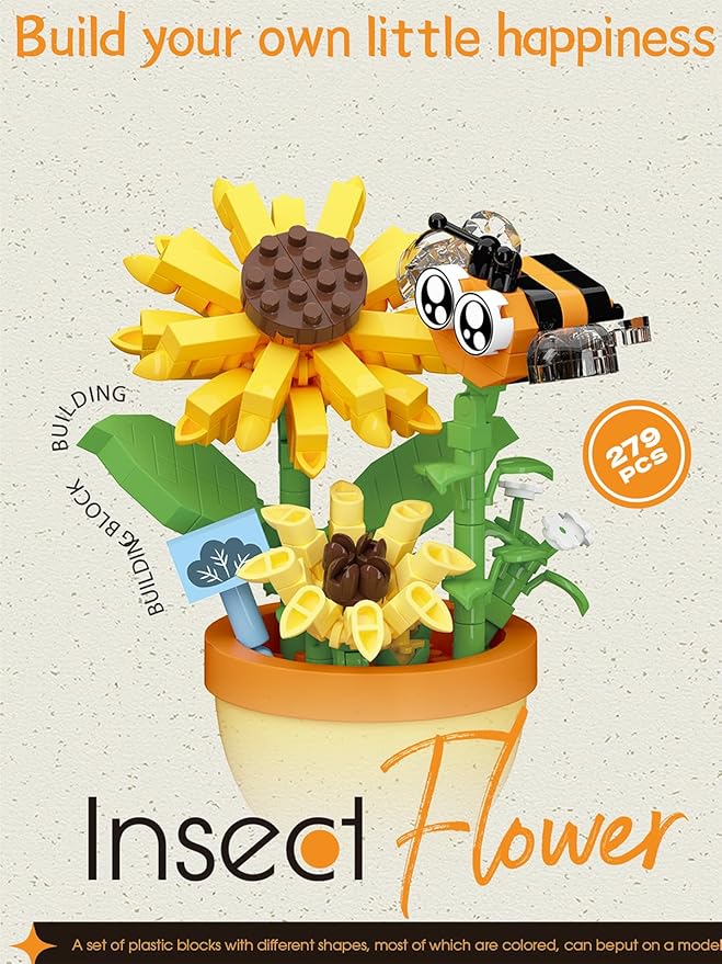Bee Sunflower Mini Flower Cute Insects Potted Plant Bonsai Building Toy Blocks Particle Set Small Flowers Botanical