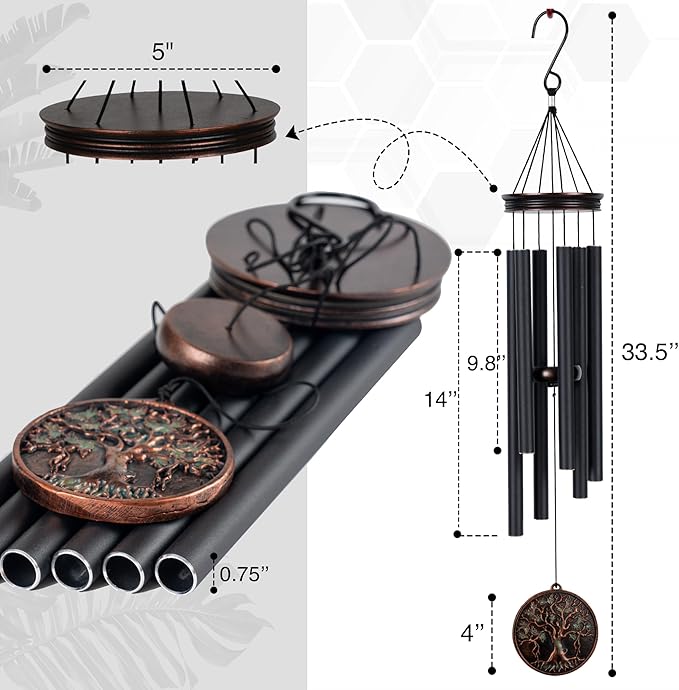 Vanquer Large Wind Chimes for Outside Deep Tone - 34'' Wind Chimes Outdoor Clearance, Tree of Life, Memorial, Sympathy Gift, Patio, Home Décor, Vintage Black (34" Tree of Life)