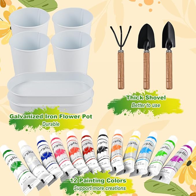 4 Pcs Kids Plant Growing Kit | Kids Gardening Set Crafts for Girls 8-12 | Kid Crafts Ages 4-8, Flower Making Art Kit for Kid 6-9, Plant Growing Set with 4 Zinc Pots, 12 Colors 9ml Paints Girl Gift