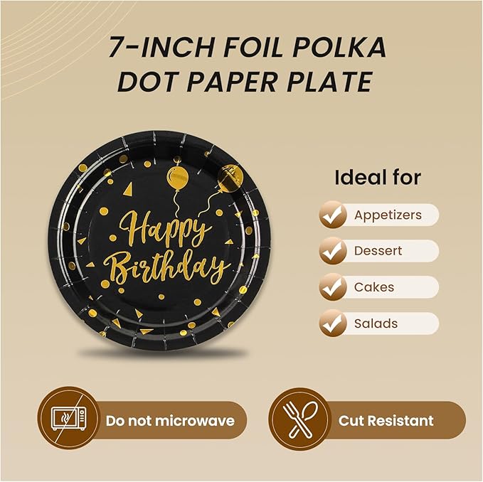 150PCS Happy Birthday Paper Plates and Napkins - 7 Inch Black Gold Dot Paper Plates and 6.5 Inch Napkins with 6.3 Inch Gold Forks Disposable Tableware Set for Birthday Party Decorations, Serves 50