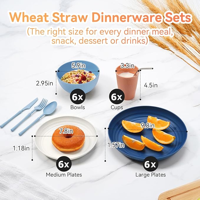 Wheat Straw Dinnerware Sets,48-Piece Plates and Bowls Sets for 6-Unbreakable,Reusable Plastic Dish Set-Dinner Plate/Dessert Plate/Cereal Bowl/Cup/Utensils-Microwavable Dishwasher Safe 48P-Tropical