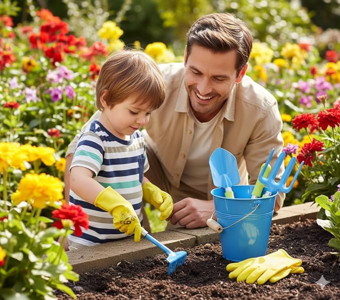 JustForKids 2 Pack Garden Tool Set – Green & Blue Metal Pails with Mini Shovel, Rake & Cultivator, Wooden Handles – Outdoor Gardening Tools for Kids