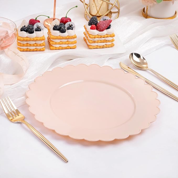 SUT 72-Count Pink Plastic Plates Disposable 10.25 Inch - Scalloped Edge Dinner Plates for Valentine’s Day, Parties, Birthdays, Weddings | Lightweight & Durable Disposable Dinnerware (72 Pack)