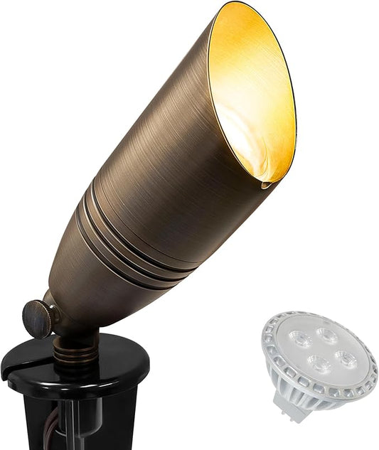 GKOLED UL Listed Solid Brass Landscape Spotlight, Low Voltage Outdoor Directional Uplight, with 5W MR16 LED Bulb & Large Rugged Slot Spike, 12V AC/DC Garden Patio Spot Up Light