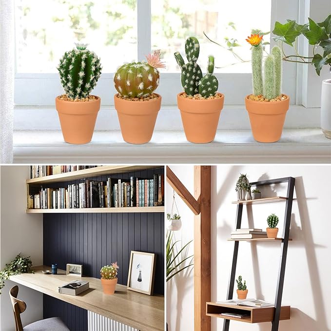 Mini Artificial Cactus Plants in Terracotta Pots 4 Pcs Potted Faux Succulents in Pots Fake Potted Plants Cactus Decor Small Artificial Plants for Home Decor Indoor Office Desk Tabletop Shelf