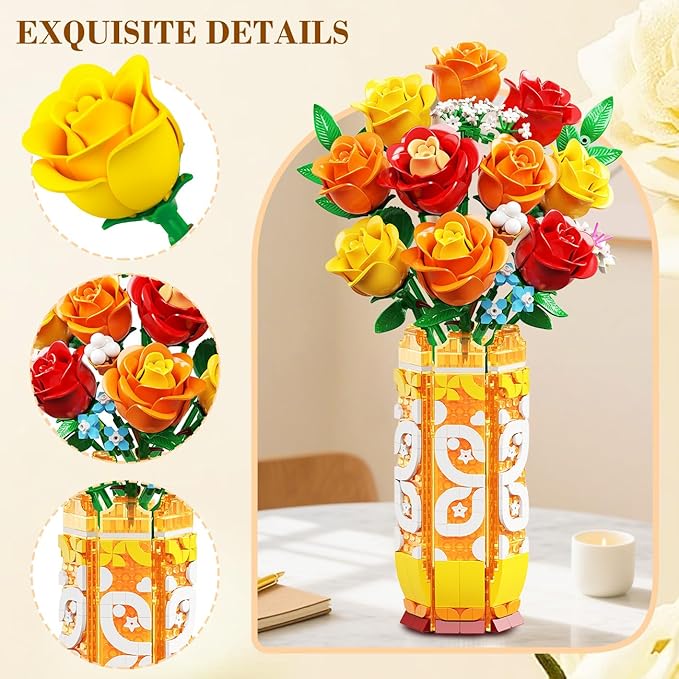 Flower Bouquet Building Set with Vase & LED Light, Yellow, Orange and Red Roses 3.6MM Mini Botanical Building Block Toys, Gifts for Friends, Artificial Flowers for Office Home Decor & Display