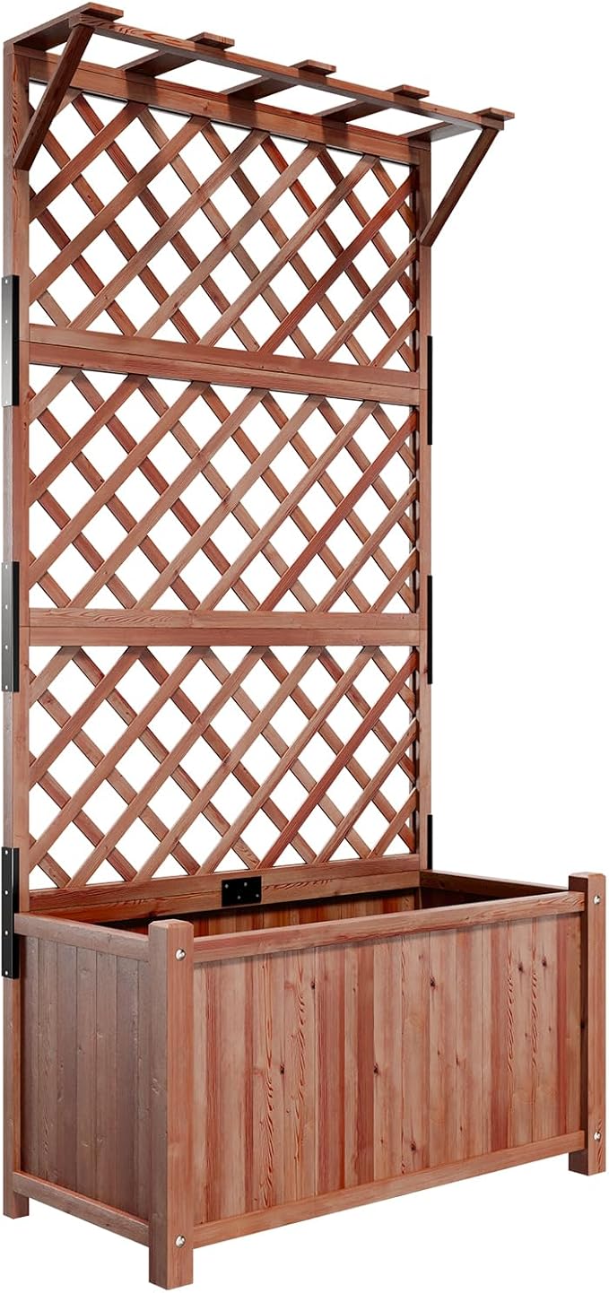 Amerlife 35.4x17.7x72 Inch Raised Garden Bed with Trellis, Wooden Planter Box for Vegetables and Climbing Plants with Drainage Holes