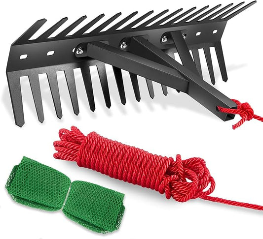 Pond Rake, Weed Removal Tool, Steel Blades 24 inch Aquatic Weed Rake, Double Sided Lake Weed Cutter, Clean Aquatic Weeds Muck Silt Lake Rakes, 30ft Thicker Rope, Black.