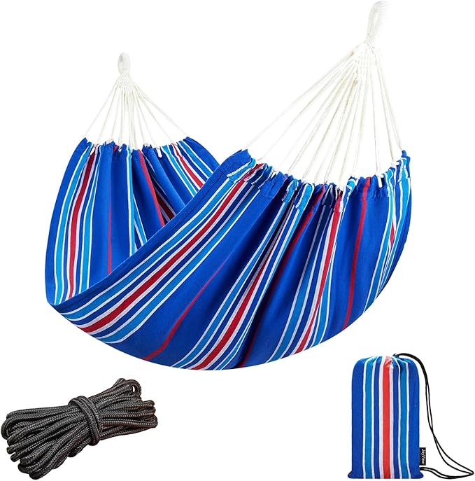 JoyView Brazilian Hammock for Single Person - Portable Cotton Hammock with Hanging Ropes & Carry Bag - 78.8x39.4' - 300LBS Capacity - Perfect for Outdoor/Indoor - Blue Stripe