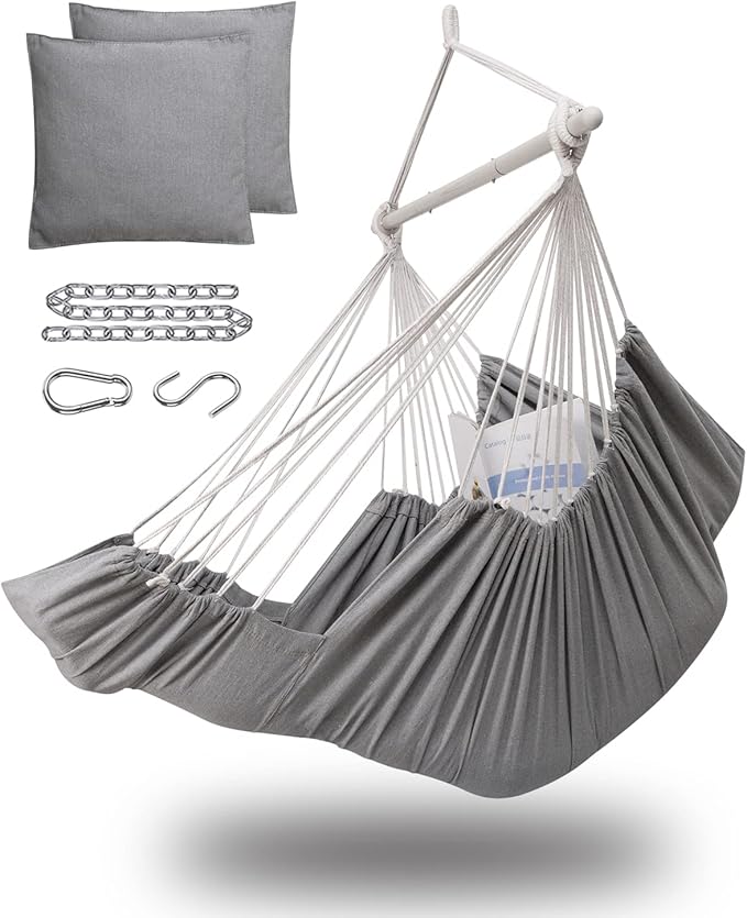Miztli Hammock Chair Hanging Chair Swing for Bedroom with Foot Rest, Max 500 Lbs, Steel Spreader Bar with Anti-Slip Rings-2 Cushions Included-Indoor and Outdoor