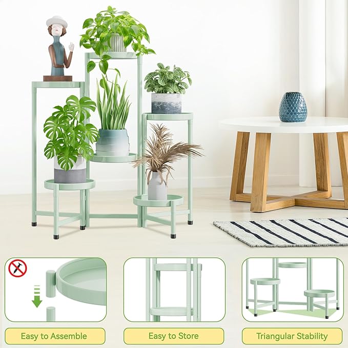 iDavosic.ly Plant Stand Indoor Outdoor, 6 Tier Corner Metal Flower Display Holder Shelf, Folding Tall Orchid Rack for Patio Balcony Porch Garden Living Room House, Light Green