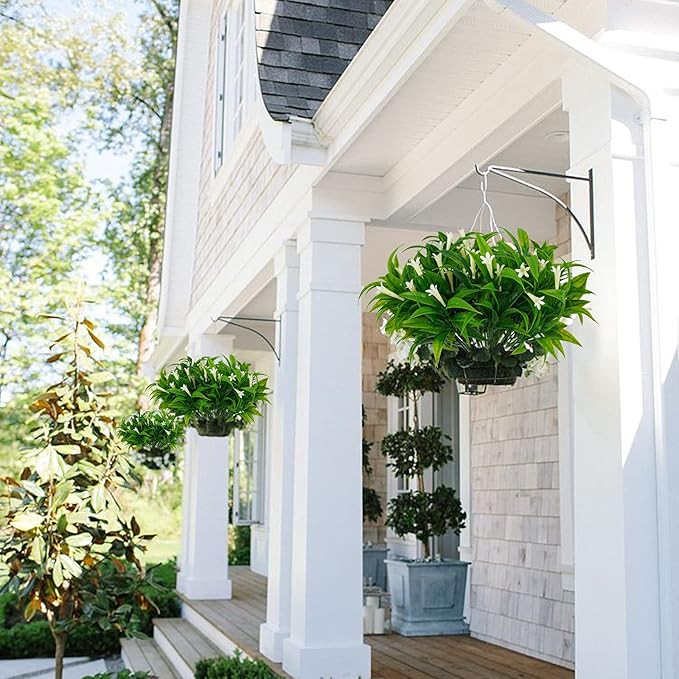 Uieke 6Pcs Outdoor Artificial Plants UV Resistant Fake Morning Glory Plastic Plants Shrubs Greenery Foliage for Hanging Planter Garden Patio Sidewalk Décor White