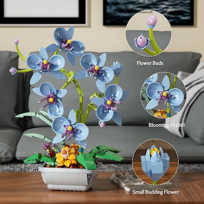 Blue Orchid Flowers Bouquet Building Set, Botanical Collection Artificial Plant for Home Décor, Ideal Gifts for Mother's Day, Anniversary, Birthday