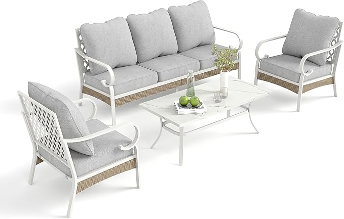 4 Piece Patio Furniture Set, 2 x Fixed Chair, 1 x 3-Seat Sofa with Marbling Coffee Table, 5 Seats Outdoor Conversation Set for Lawn Garden Backyard, Light Gray
