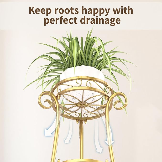 LASZOLA 3 Tier Gold Metal Plant Stand for Multiple Large Planters Indoor Outdoor Organizer, Heavy Duty Tall Flower Stand for Corner Patio Bathroom Office, Modern Sturdy Vertical Iron Rack, Cat Proof